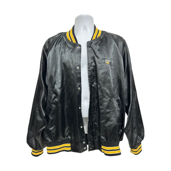 Hartwell Sports CAT Mens XL Black Satin Bomber Jacket Workwear Yellow Stripes - Picture 10 of 15